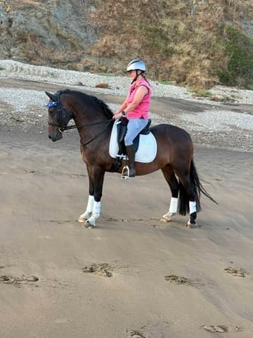 Nat riding her dark brown horse on a beach on the Isle of Wight