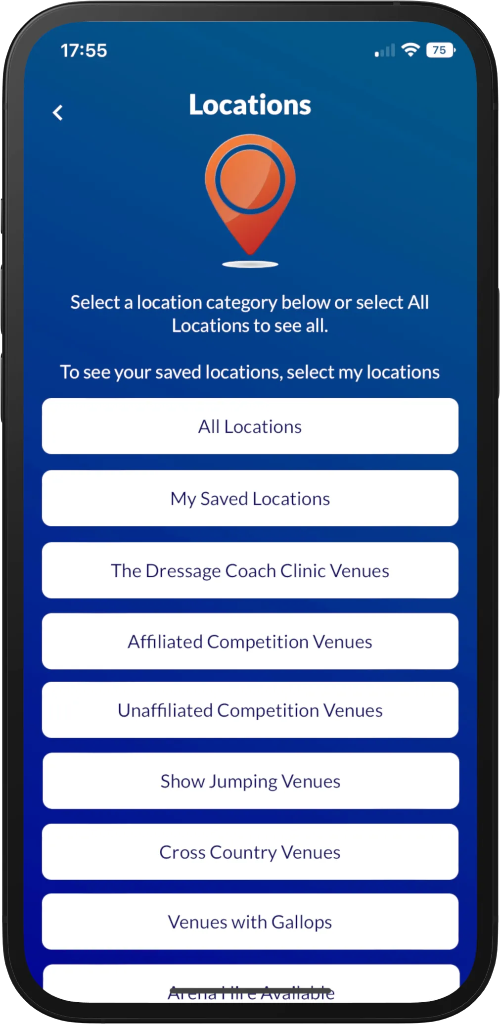 A smartphone with The Dressage Coach screenshot showing
